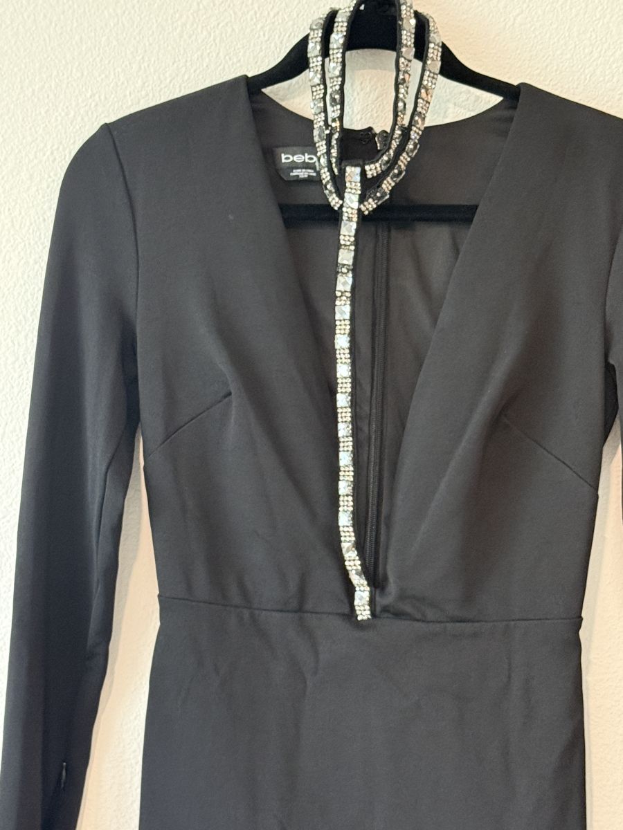 Black Embellished Deep V Bodycon Dress