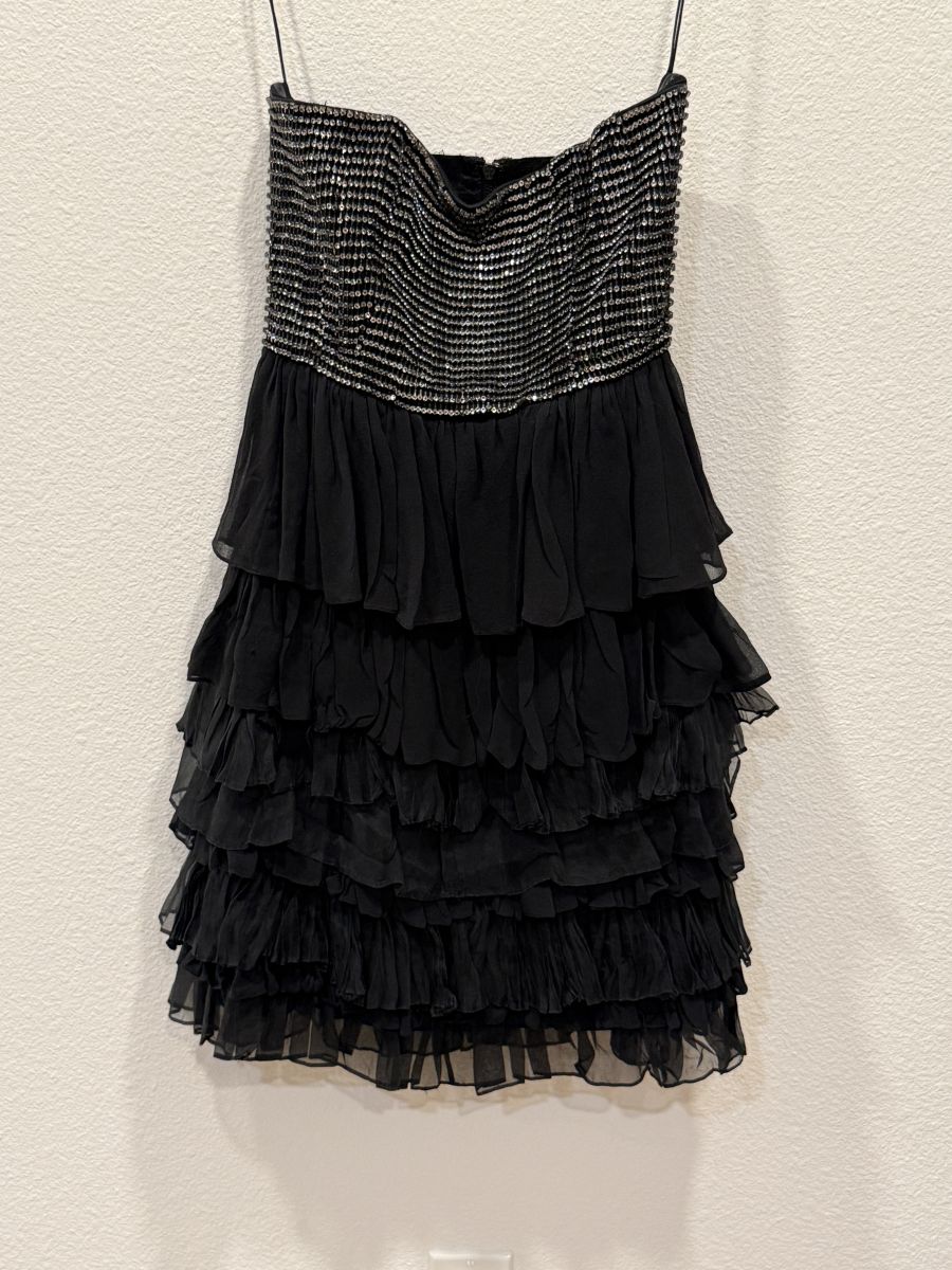 Alice + Olivia Gray Beaded Strapless Tiered Chiffon Dress