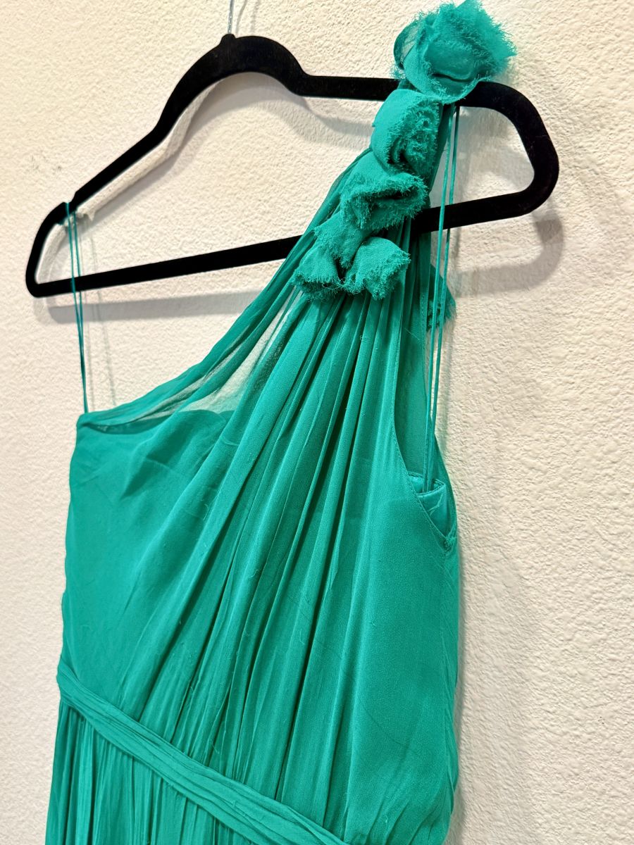 Jenny Yoo Size 4 Teal One-Shoulder Chiffon Gown