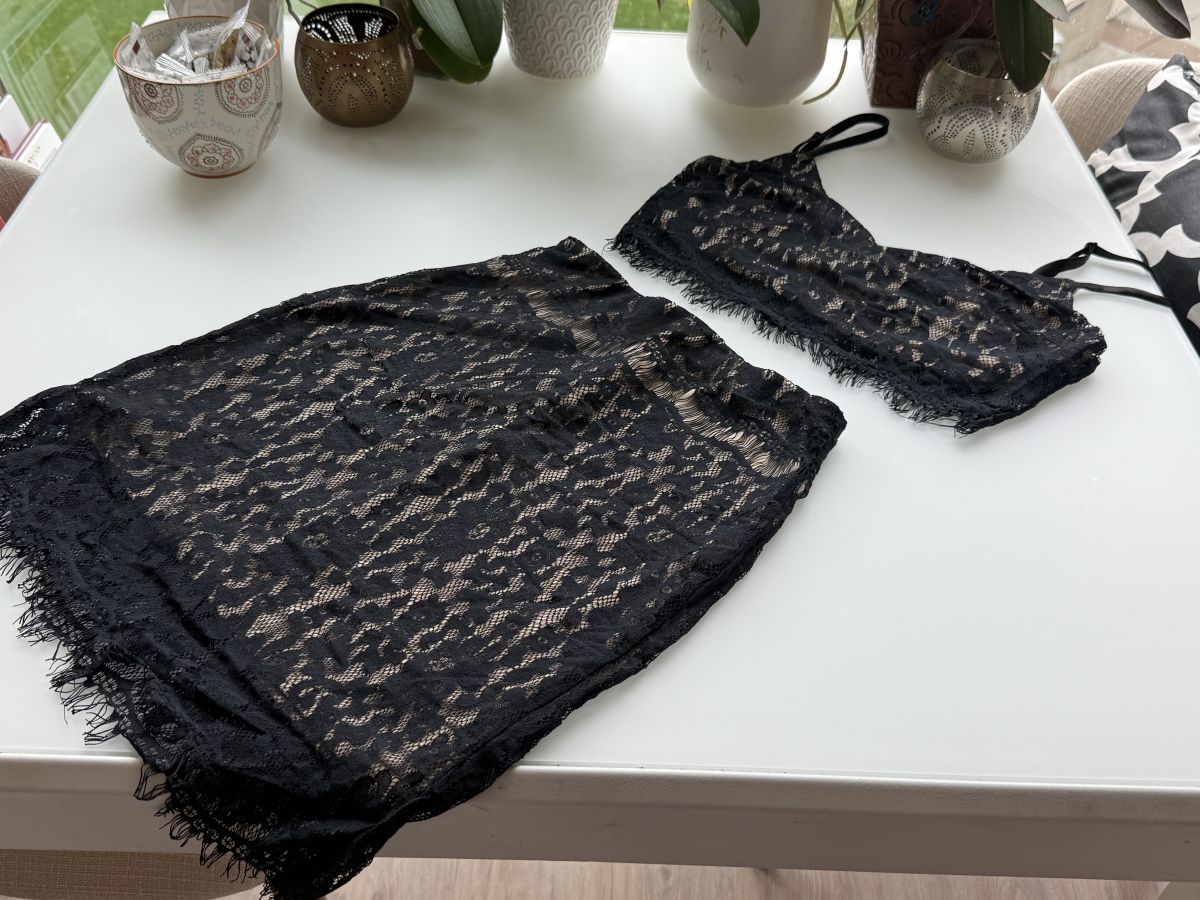 Bebe Black Lace Two-Piece Set – Bralette & Skirt – XS