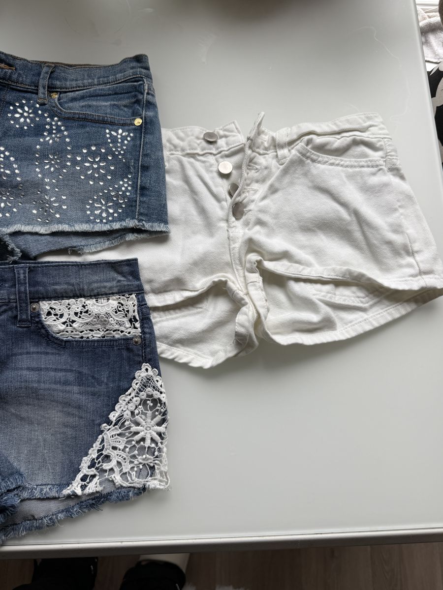  Juicy Couture Light Wash Denim Shorts, Bebe Embellished Denim Shorts, and American Apparel White Denim Shorts